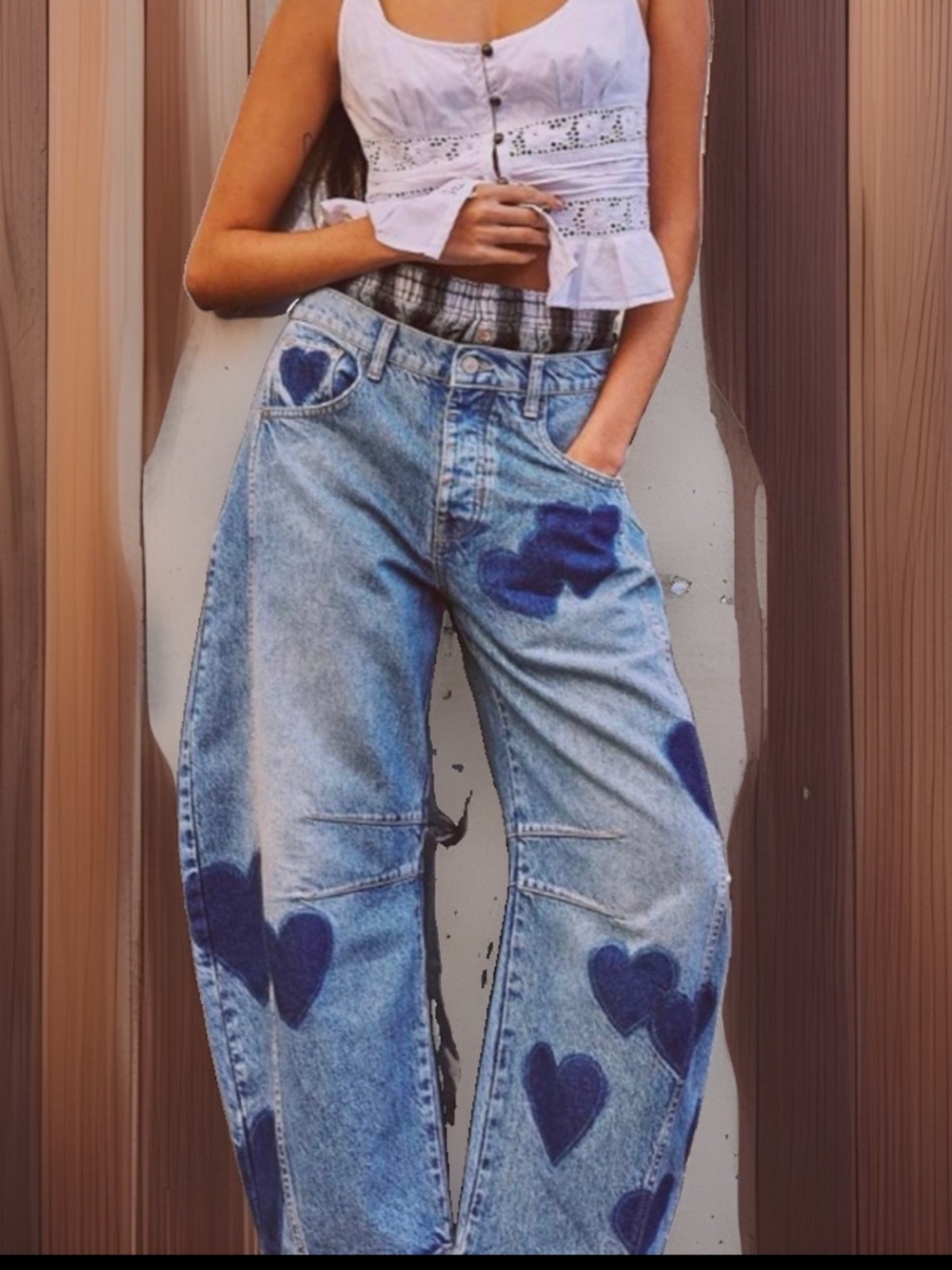 Y2K Women's Heart Print Barrel Jean Boyfriend Cut Pockets Wide Leg Sz 2X-Large